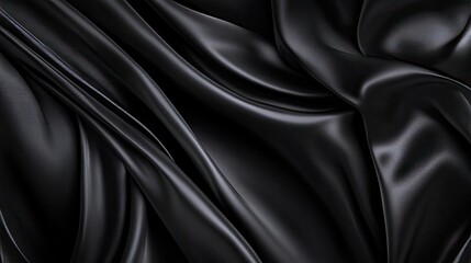 Obraz premium Luxurious Black Satin Fabric with Smooth Flowing Creases and Soft Texture, Perfect for Fashion and Elegant Design Backgrounds and Textiles