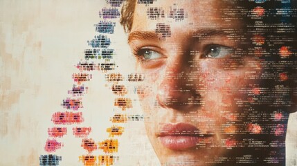 A human figure is overlaid on sequences of DNA symbols, symbolizing the interplay between genetics and human identity. Generative AI