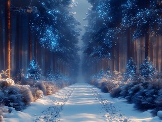 A magical winter forest with sparkling snow, glowing icicles, and frosted trees, bathed in ethereal blue light
