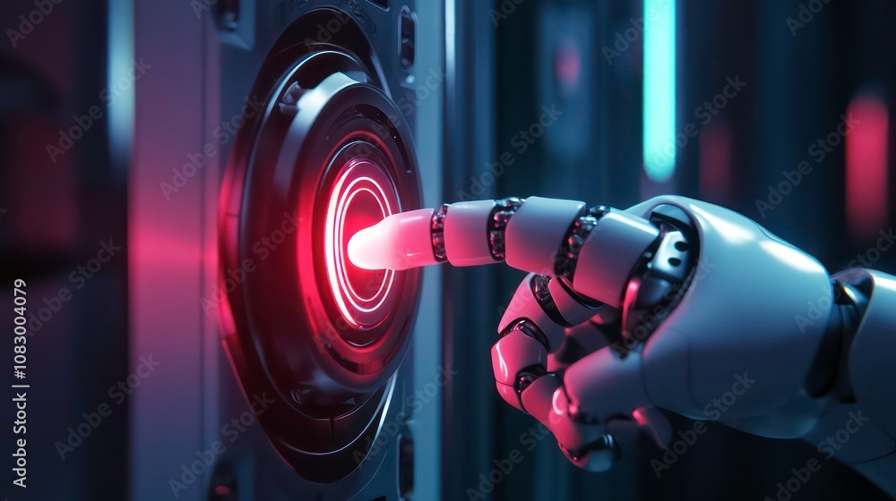 Poster a robotic hand presses a glowing red button on a futuristic control panel.