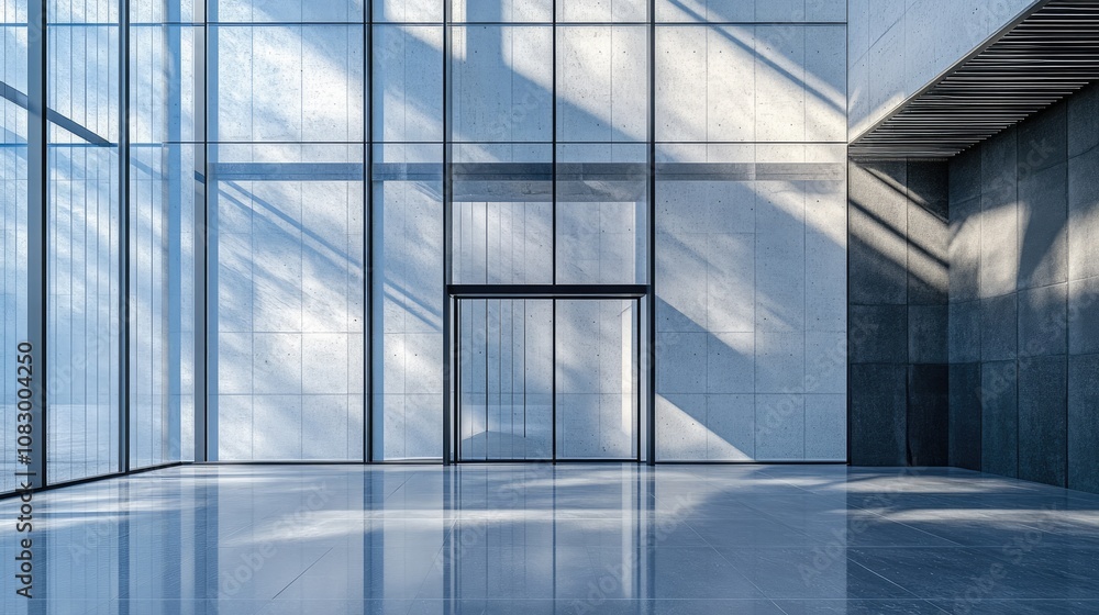 Poster minimalist modern architecture with bright sunlight casting shadows on smooth concrete walls in a sp