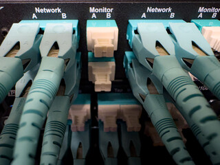 Close-up view of multiple teal fiber optic cables securely plugged into a network panel's ports
