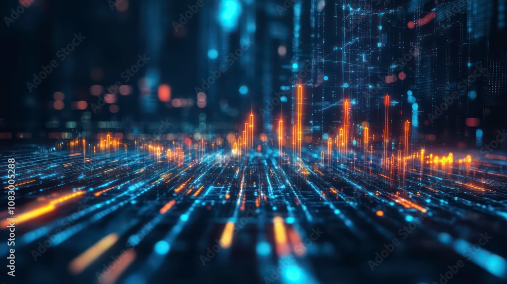 Poster abstract digital cityscape with glowing lines and dots, representing the internet, technology, and d