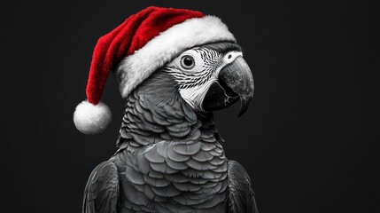 Fototapeta premium ra parrot wearing a Santa hat in black and white illustration. Concept of holiday cheer, exotic wildlife, and festive art