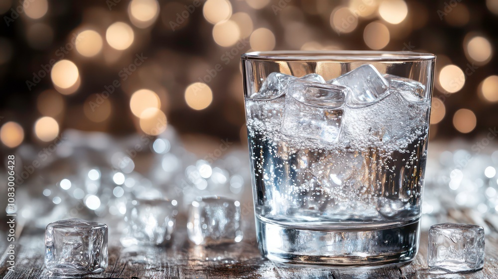 Poster A glass of sparkling water with ice cubes on a wooden table with bokeh lights in the background.