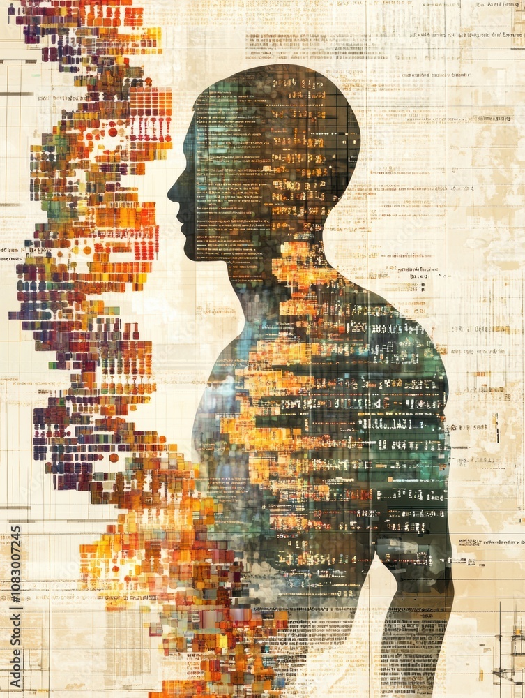 Fototapete the artwork displays a silhouette of a human figure filled with colorful dna sequences, emphasizing 