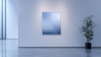 Obraz premium A white wall with a blue framed picture hanging on it