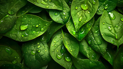 Fototapeta premium Background from fresh green spinach leaves with water drops. Texture of raw organic baby spinach close up. Food background