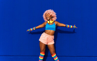 Beautiful woman skating with roller skates and having fun.