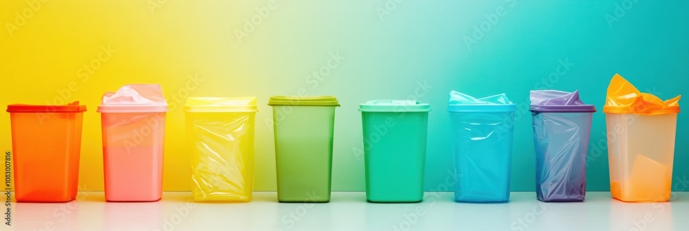 Poster A row of colorful reusable containers stands out against a backdrop of single-use plastic bags and cups, emphasizing environmental choices. Generative AI