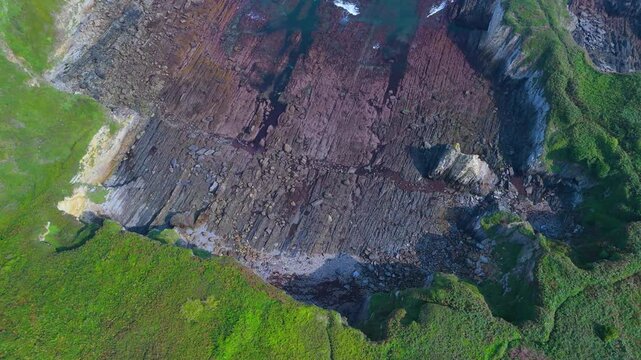 Aerial view from a drone of the coastal landscape and crops in the area around Cabo Cebes in Tapia de Casariego. Asturias. Spain. Europe