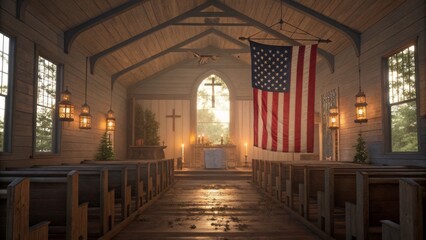 A church with a large American flag hanging from the rafters