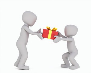 gray toy man gives a beautiful gift to another man