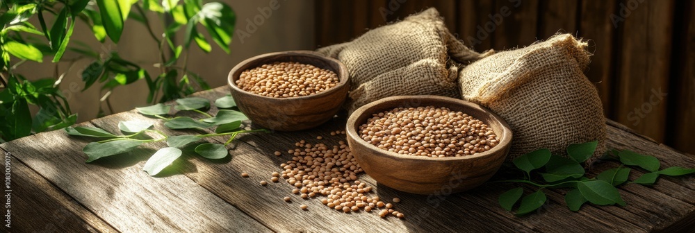 Aufkleber bowls and sacks filled with lentils, beans, and chickpeas rest on a rustic wooden table, creating a 
