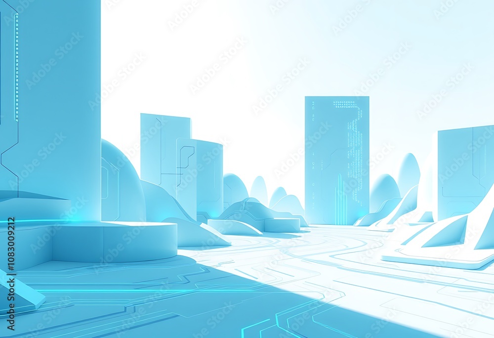 Poster a futuristic minimalist digital landscape with geometric shapes and clean lines, incorporating eleme