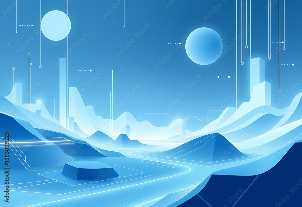 Poster a futuristic minimalist digital landscape with geometric shapes and clean lines, incorporating eleme