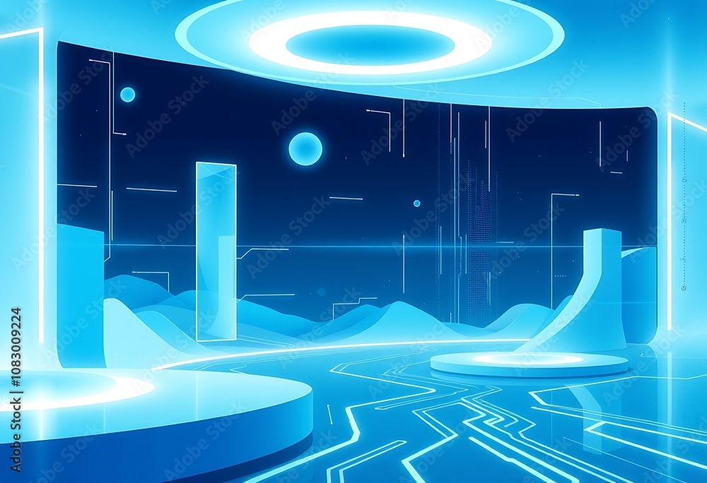 Poster a futuristic minimalist digital landscape with geometric shapes and clean lines, incorporating eleme