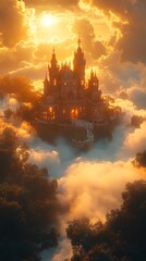 Castle surrounded by glowing golden clouds and sunset colors picture