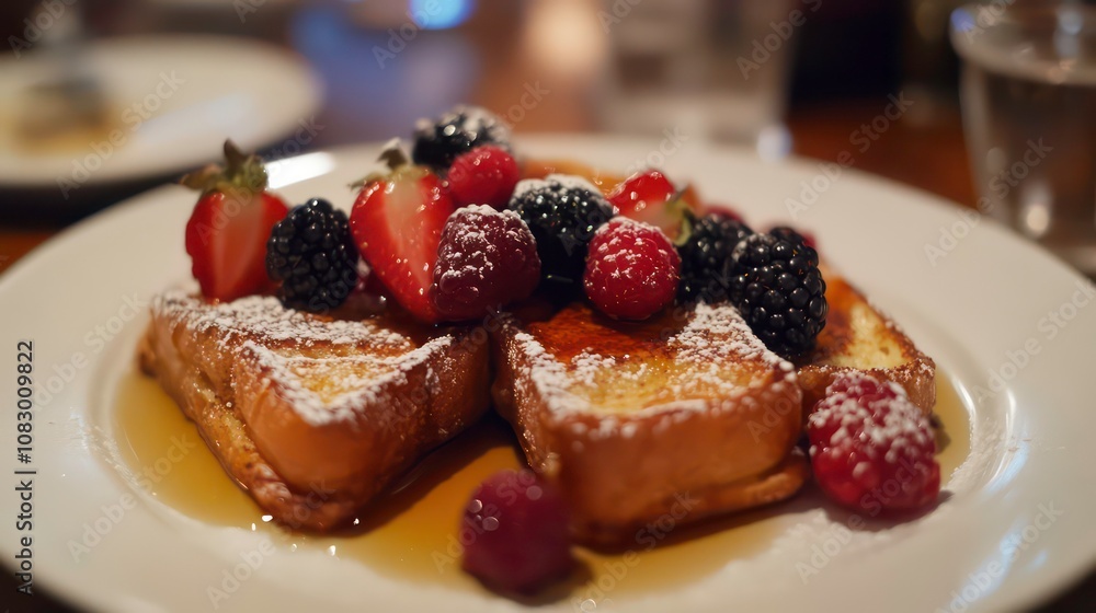 Poster plate of french toasts with fresh berries on top with honey and maple syrup toppings