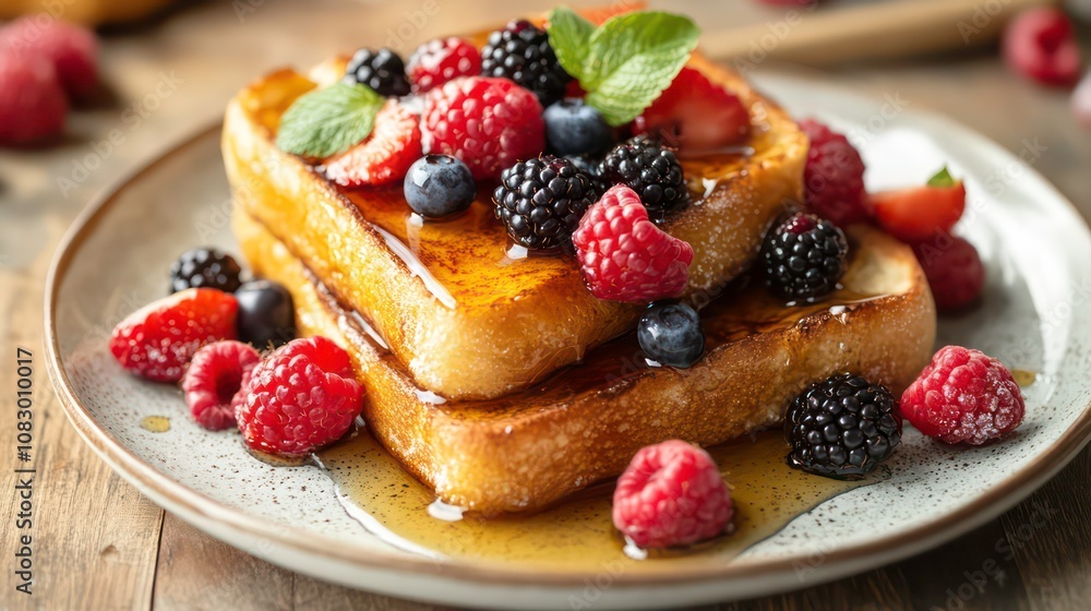 Poster plate of french toasts with fresh berries on top with honey and maple syrup toppings