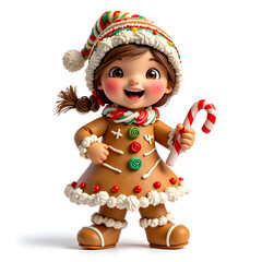 Fototapeta premium Cheerful gingerbread girl spreading holiday happiness with a candy cane and festive decor, digital art of character design concept.