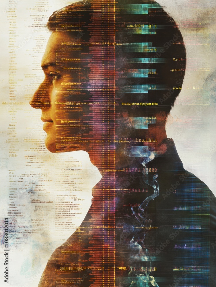 Poster A human profile is combined with coded DNA sequences, highlighting the relationship between genetic makeup and technology in research. Generative AI