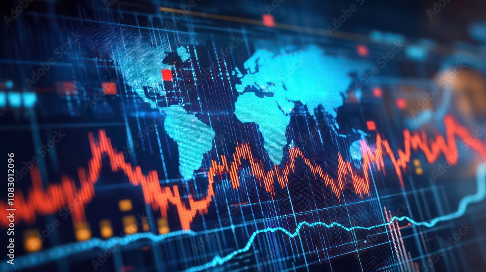 Poster A digital screen showing a map of the world overlaid with financial data.