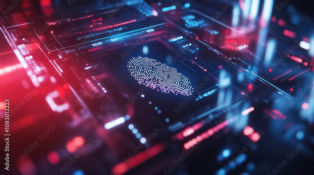 Poster A glowing fingerprint icon on a futuristic digital circuit board, representing digital security and authentication.