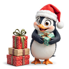 Fototapeta premium Delightful penguin in santa hat holding a gift surrounded by colorful presents for a festive holiday theme, digital illustration of character design concept.