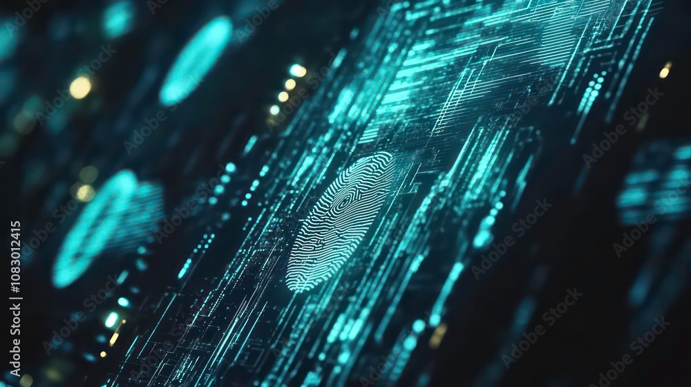 Aufkleber a digital fingerprint embedded in a futuristic circuit board with glowing blue lines.