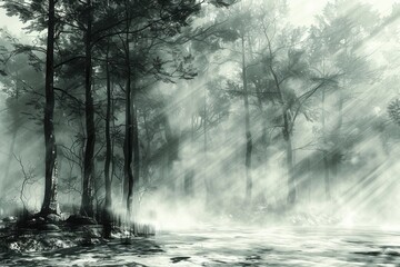 Dawn Fog Envelops a Serene Pine Forest as Soft Sunlight Pierces Through the Misty Canopy Creating an Enchanting and Mysterious Atmosphere