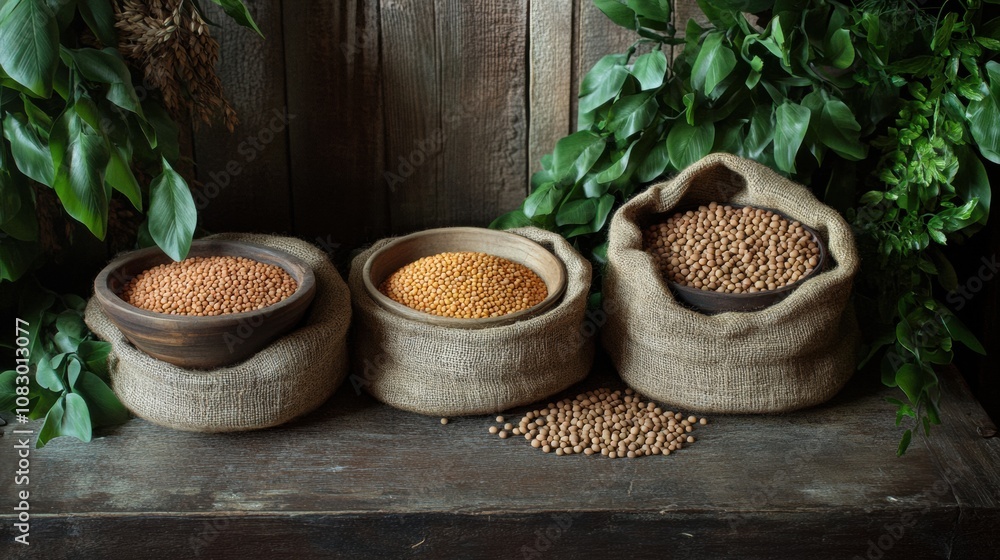 Poster bowls filled with colorful lentils, beans, and chickpeas sit alongside burlap sacks on a rustic tabl