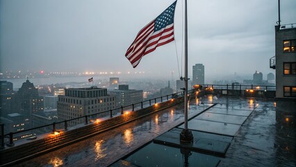 A flag is flying on a pole in the rain