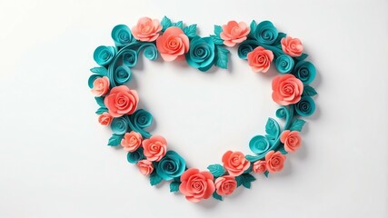 Obraz premium Cute teal and coral swirls with heart border frame on white background