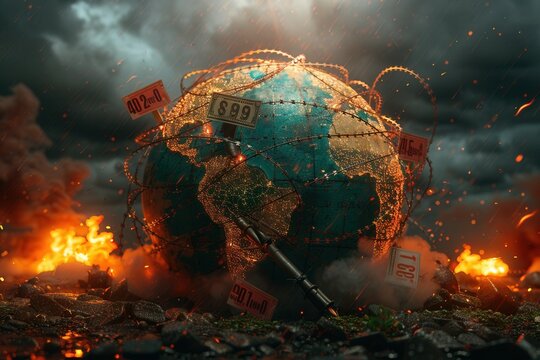 A Globe Trapped in Barbed Wire Under Stormy Skies, Surrounded by Economic Symbols and Missile Launchers Amidst a Global Crisis