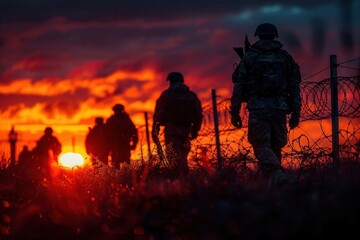 Obraz premium Soldiers in Silhouette Patrol Near a Border Fence Against a Dramatic Sunset Filled With Tension and Readiness in Muted Earth Tones