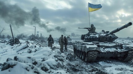Brutal Winter Clash Between Ukrainian and Russian Soldiers on a Snow-Covered Battlefield in Eastern Europe