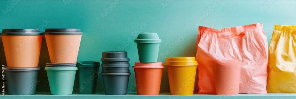 Poster Colorful reusable containers are prominently displayed, contrasting with discarded single-use plastic bags and cups in the background. Generative AI