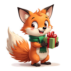 Fototapeta premium Delightful cartoon fox holding a wrapped gift with a smile, digital illustration of character design concept.