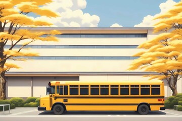 Vibrant anime scene featuring a traditional Japanese school and polished yellow bus