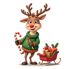 Naklejka premium Cheerful reindeer in a festive sweater holding a candy cane beside a sleigh with christmas gifts, digital art of character design concept.