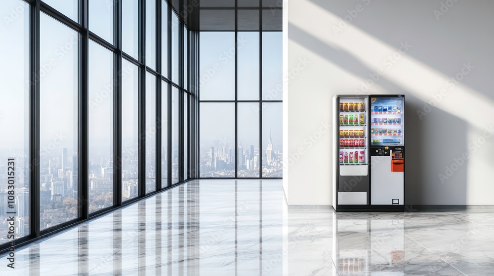 Poster a modern office with a large window overlooking a city skyline and a vending machine in the corner.
