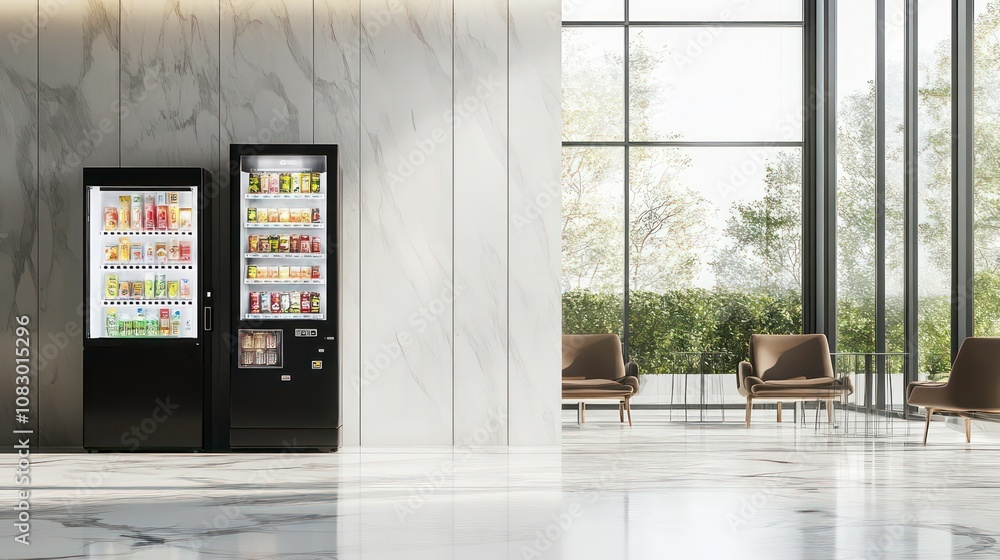 Poster Office with a vending machine in front of a floor-to-ceiling window next to a clean wall, marble floor, bright, modern.