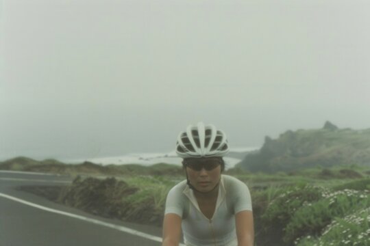 A Determined Female Cyclist Speeds Along a Coastal Road Under Bright Midday Sunlight, Embodying the Spirit of Triathlon Racing