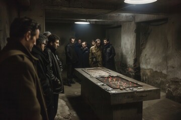 Obraz premium Military Commanders Strategizing Over a Digital Map in a Dimly Lit Bunker Amid Rising Tensions During Conflict