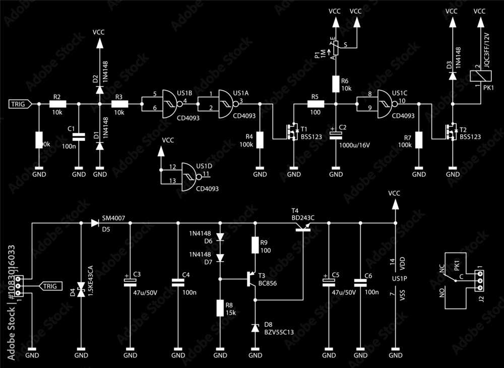 Poster schematic diagram of electronic device on sheet of paper. vector drawing electrical circuit with log