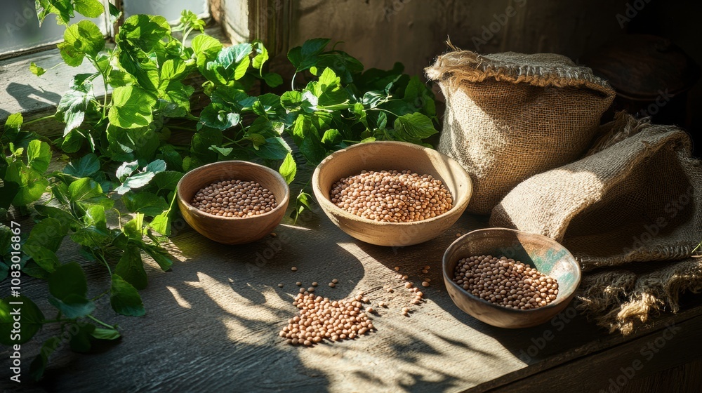 Poster sacks and bowls filled with lentils, beans, and chickpeas rest on a rustic wooden table illuminated 