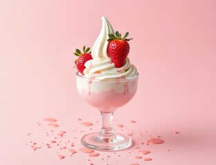 strawberry ice cream with strawberries in a glass cup