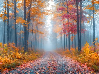Fototapeta premium A serene autumn pathway winds through a foggy forest, with vibrant orange and red leaves scattered on the ground and trees, creating a tranquil, magical atmosphere.