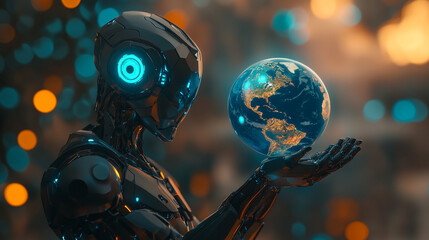 Fototapeta premium Futuristic Robot Holding Earth Technology Global Sustainability Future